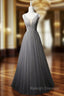 Gray Tulle V Neck Beading Prom Dress