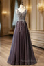 Gray Tulle V Neck Beading Sequins Prom Dress