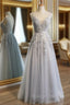 Gray Tulle with Lace Long Prom Dresses, A-line Floor Length Gray Evening Dresses, Gray Bridesmaid Dresses
