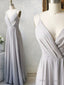 Gray V Neck Chiffon Long Prom Dresses, Gray V Neck Long Formal Bridesmaid Dresses