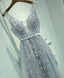 Gray V Neck Lace Tulle Long Prom Dress, Lace Prom Dress