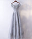 Gray V Neck Tulle Lace Applique Long Prom Dress, Lace Evening Dress