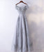 Gray V Neck Tulle Lace Applique Long Prom Dresses Lace Prom Dresses
