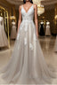 Gray v neck tulle lace long prom Dresses gray tulle Prom Dresses