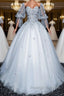 Gray v neck tulle lace long prom dress, gray tulle lace evening dress