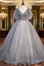 Gray V Neck Tulle Long Prom Dresses Gray Tulle Sequin Prom Dresses
