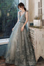 Gray V-Neck Tulle Long Prom Dress With Sequins, A-Line Graduation Dress