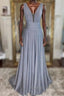 Gray v neck tulle sequin long prom Dresses gray Prom Dresses
