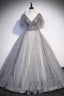 Gray V Neck Tulle Sequins Long Prom Dresses A Line Short Sleeve Prom Dresses
