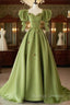 Green A Line Long Prom Dress Strawberry Lace, Lovely Short Sleeve Prom Dress