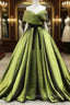 Green A line Satin Long Prom Dress, Green Satin Formal Prom Dresses