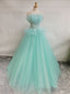 Green A Line Tulle Lace Long Prom Dress, Green Sweet 16 Dress