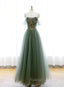 Green A-line Tulle with Lace Applique Long Formal Dress, Green Prom Dress