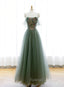 Green A Line Tulle with Lace Applique Long Prom Dresses Green Prom Dresses