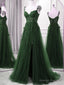 Green A-Line Tulle With Lace Straps Floor Length Party Dress, Green Tulle Prom Dress