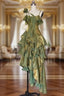 Green Asymmetrical Layered Flounce Spaghetti Strap Dress Evening Gown
