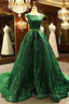 Green Ball Gown Lace Sequins Backless Cap Sleeve Prom Dress