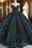 Green Ball Gown Sequins Off the Shoulder Luxury Prom Dress