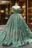Green Ball Gown Sequins Off The Shoulder Wedding Dress With Train