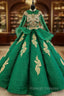 Green Ball Gown Tulle High Neck Long Sleeve Beading Crystal Wedding Dress