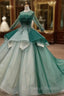 Green Ball Gown Tulle Long Sleeve Beading Wedding Dress