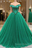 Green Ball Gown Tulle Off the Shoulder Beading Prom Dress