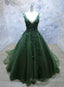 Green Beaded and Lace V-neckline Low Back Long Party Dresses, Green Evening Dress Party Dresses
