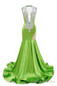 Green Deep V Neck Mermaid Satin Prom Dresses Sparkly Beaded Pageant Crystals Prom Formal Dresses