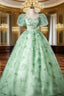 Green Flower Lace Long Prom Dress with Sleeves, Green Formal Dress