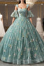 Green Lace Long A Line Formal Dress, Spaghetti Strap Prom Gowns
