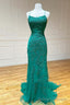 Green Lace Mermaid Backless Spaghetti Straps Prom Dresses, Prom Gowns,maxi dresses