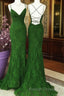 Green Lace Mermaid Straps Long Party Dress, Green Lace Wedding Party Dress