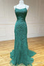 Green Lace Tulle Spaghetti Strap Long Mermaid Prom Dress Crystal Graduation School Prom Gowns