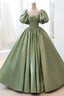 Green Sweet Elegant A-Line Long Satin Short Sleeves Prom Dresses Prom Dresses Birthday Dresses Graduation Dresses