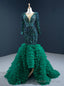 Green Mermaid Sequins Tulle Long Sleeve Crystal Prom Dress