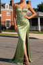 Green Mermaid Spaghetti Straps Corset Long Beaded Prom Dress With Slit