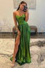 Green Metallic Strapless Pleated A Line Long Prom Dresses