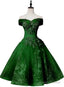 Green Off Shoulder Tea Length Prom Dresses With Lace Green Prom Dresseses