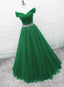 Green Off Shoulder Tulle Beaded A Line Formal Dress, Green Floor Length Long Prom Dress
