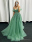 Green Off Shoulder Tulle Prom Dress with Lace Applique, Green Sweetheart Prom Dress