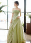 Green Off Shoulder Tulle With Lace A-Line Prom Dresses Green Long Prom Gowns