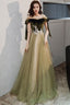 Green Off Shoulder Velvet And Tulle Long Prom Dresses With Lace Long Prom Dress