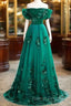 Green Off Shouldr Ball Gown Flowers Tulle Formal Dress, Green Floor Length Party Dress