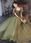 Green Puffy Short Sleeves Tulle Prom Dresses Green Prom Dress