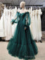 Green Puffy Sleeves Lace Top Long Prom Dress, Green Tulle Prom Dress