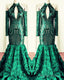 Green Rosette Sequin Mermaid Prom Dress Cold Shoulder