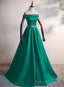 Green Satin A Line Long Off Shoulder Simple Prom Dress, Green Formal Dress Prom Dress