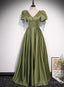 Green Satin A Line Puffy Sleeves A Line Prom Dress, V Neck Simple Long Formal Prom Gowns