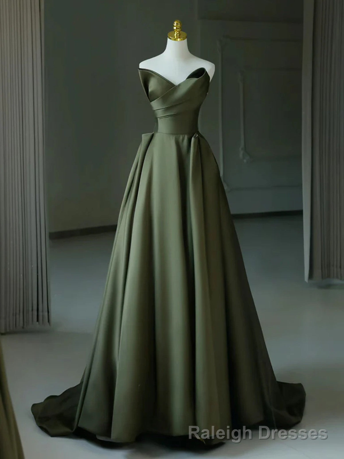 Green Satin A Line V Neckline Long Formal Dress, Green Satin Prom Dres