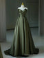 Green Satin A-line V-neckline Long Formal Dress, Green Satin Prom Dress